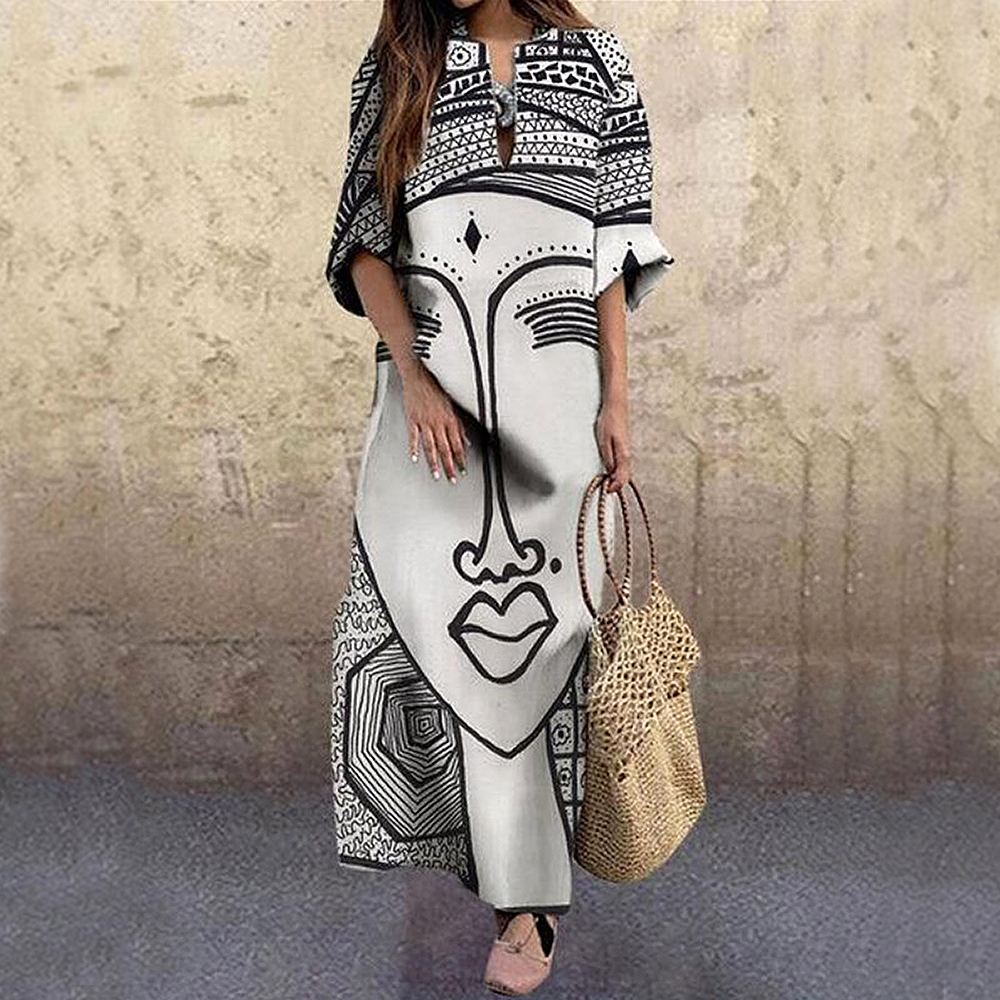 2022 Fashion Vintage Portrait Print Dress Abstract Face High Waist Women Dresses Beach Party Autumn Elegant Loose Female Dress alx