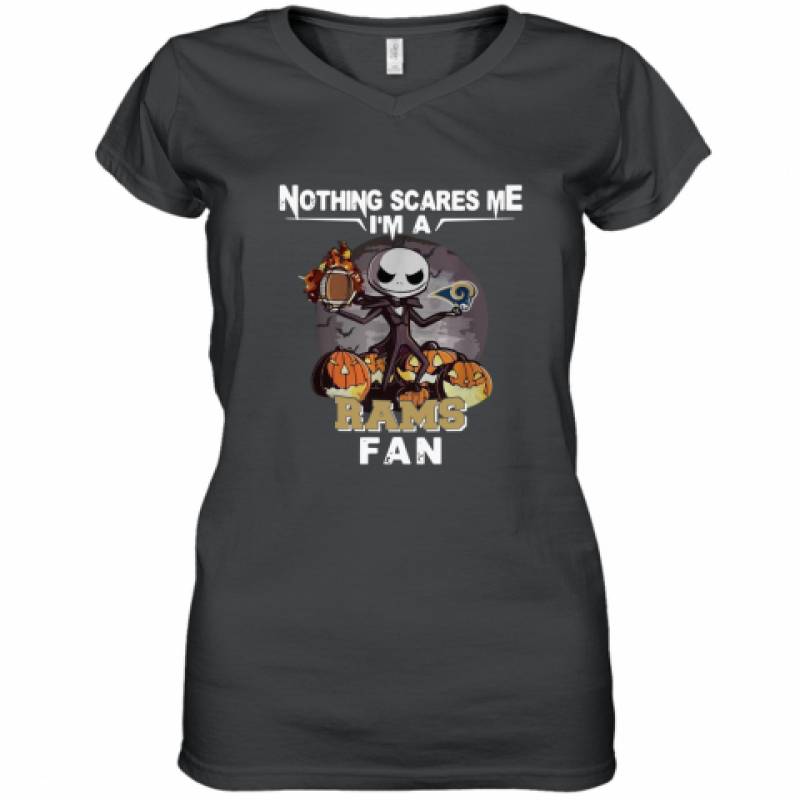 Jack Skellington nothing scares me I’m a Los Angeles Rams fan shirt Women’s V-Neck T-Shirt