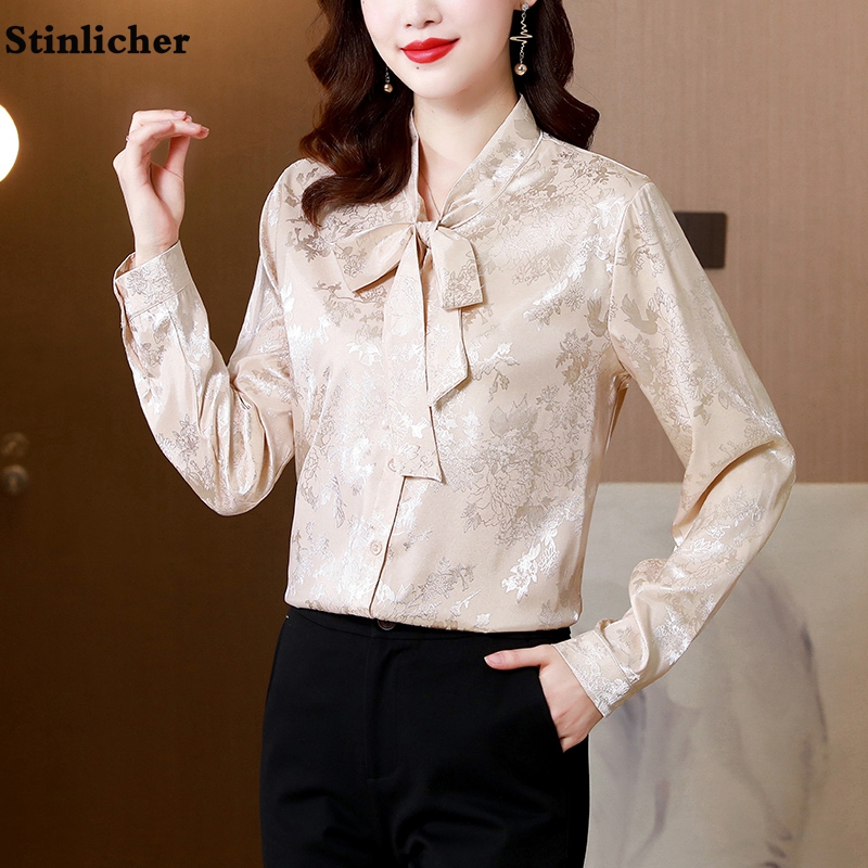 Spring Autumn Long Sleeve Bow Flower Printed Satin Silk Shirt Women’s Blouse Office Ladies Elegant Loose Work Shirt Blouse Tops alx