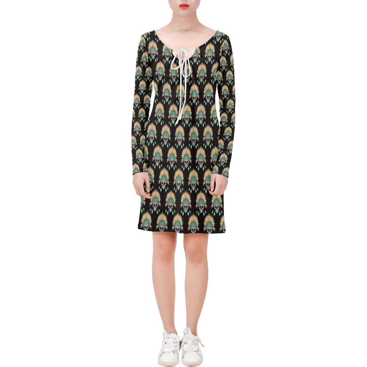 American Indian Skull Pattern Long Sleeves Dress Donuink Store