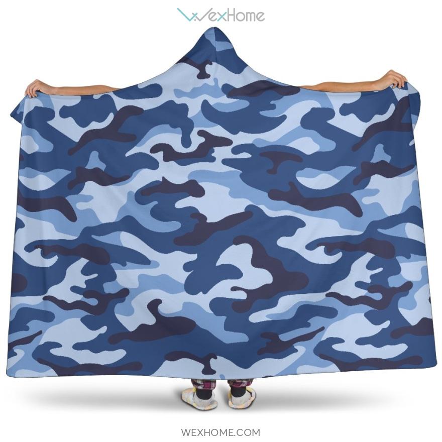 Blue Camo Camouflage Pattern Hooded Blanket