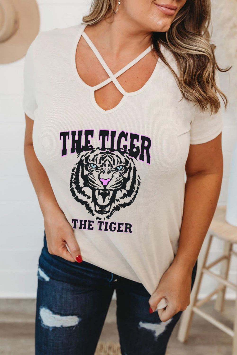 Tiger Print Plus Size Crisscross Ribbed Knit T-Shirt