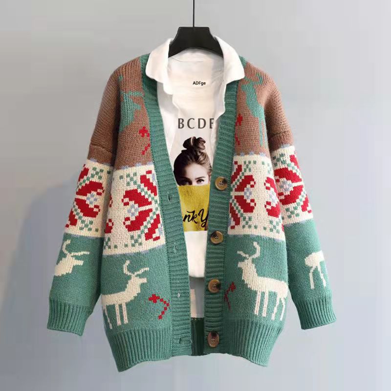 Sweater Cardigan Coat Female 2021 Spring Autumn Korean Version Loose Thickened Women Christmas Red Deer Jacquard Sweaters Retro alx