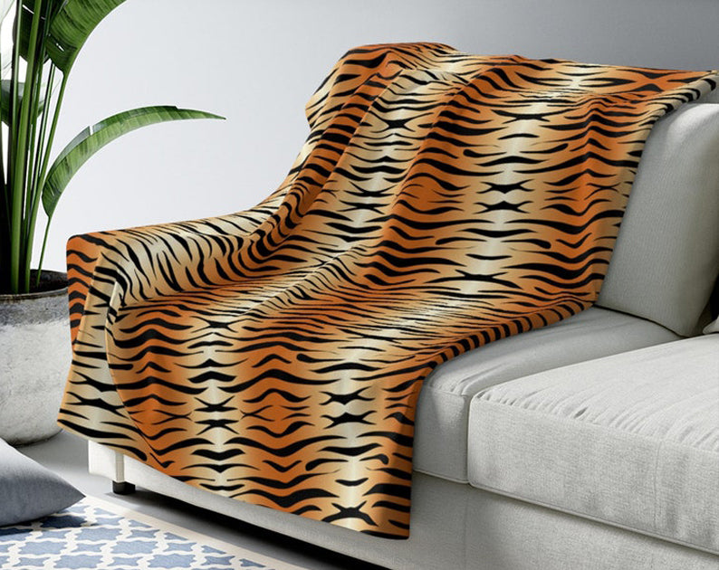 Animal Print Stripes Kids Game Room Bedroom Gift , Tiger Blanket, Fleece Blanket, Sherpa Blanket