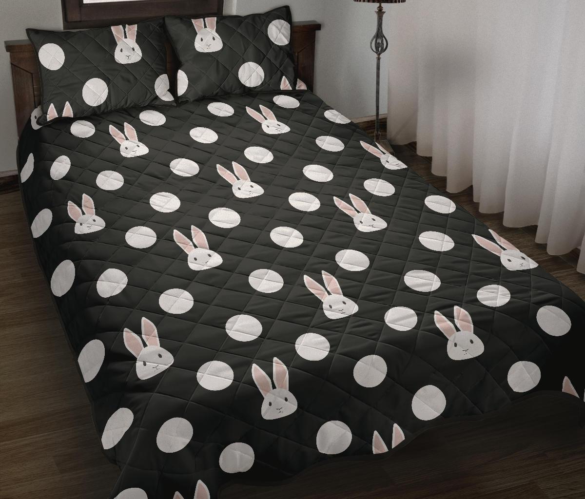 Cute white rabbit polka dots black background Quilt Bed Set