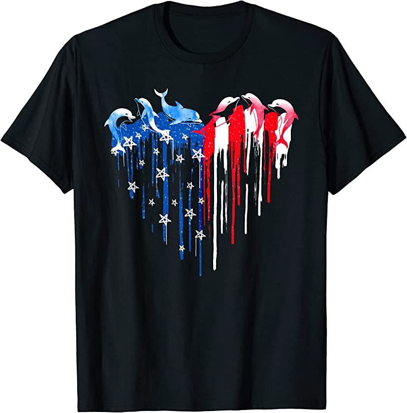 Fourth Of July Dolphin freedom colors Heart American Flag T-Shirt