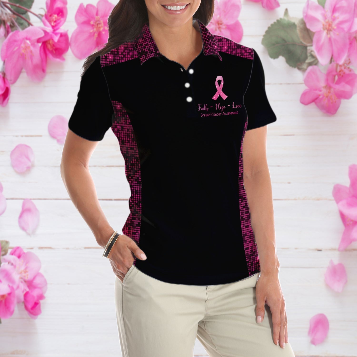 Faith Hope Love Angel Wings Breast Cancer Awareness Short Sleeve Women Polo Shirt, Pink Awareness Ribbon Polo Shirt For Ladies Coolspod