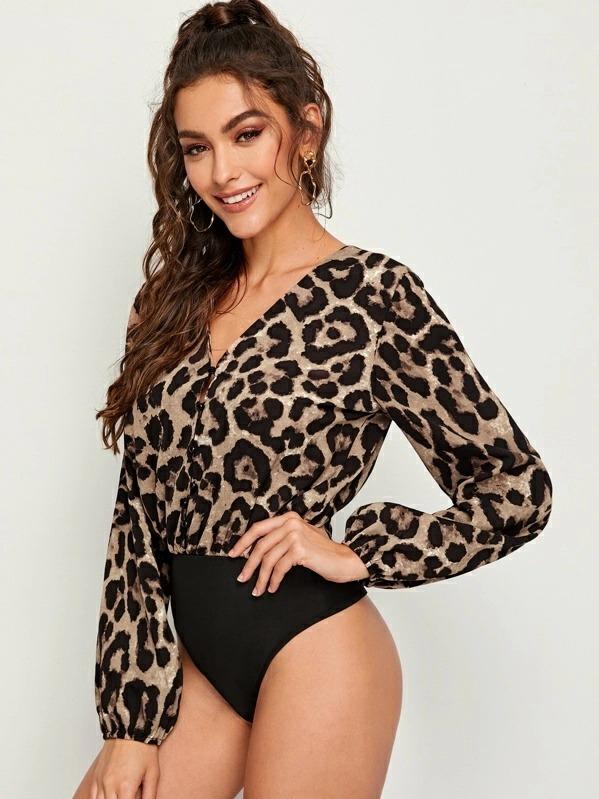 Women Leopard Print V-neck Bodysuit