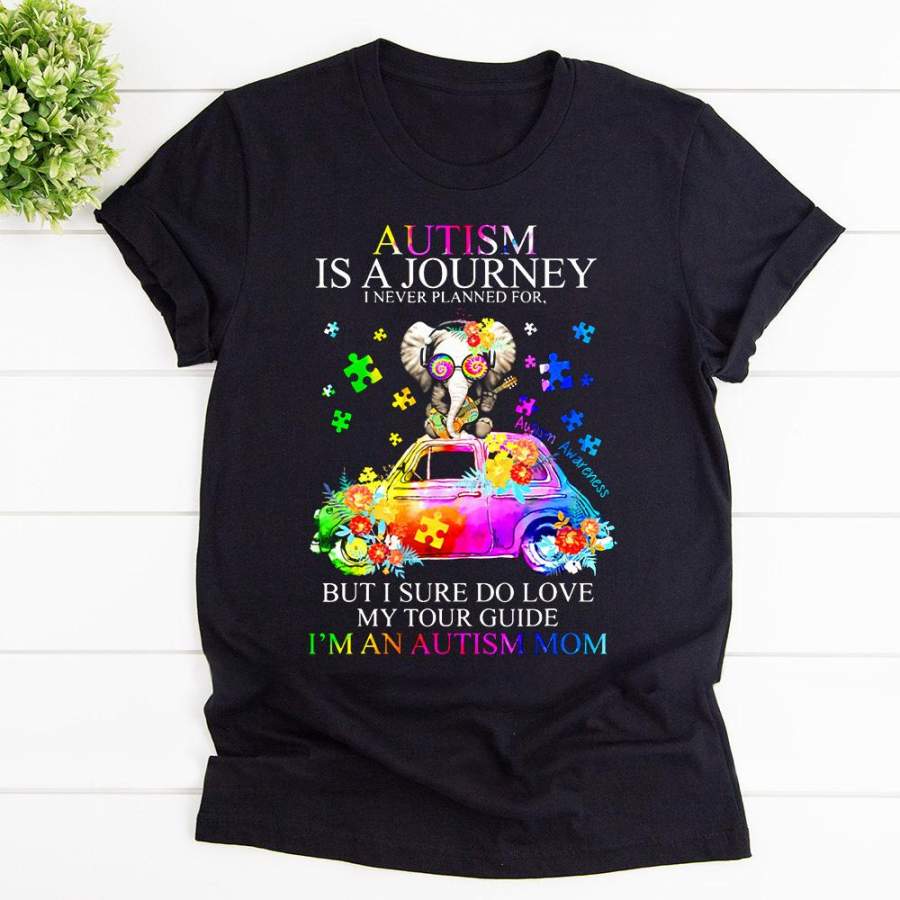 Autism elephant is a journey autism mom car & elephant black cotton t shirt for men and women S-6XL