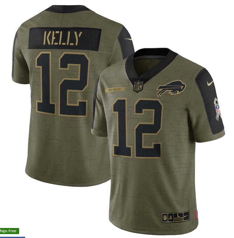 Buffalo Bills Jim Kelly 12 NFL Olive 2021 Salute To Service Retired Player Men Jersey For Bills Fans