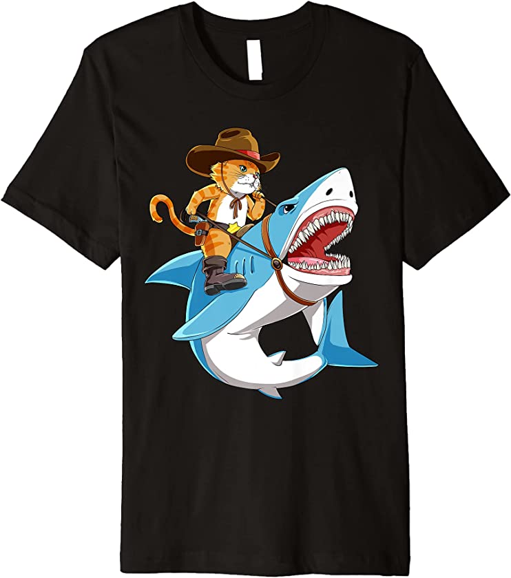 Cat Riding Shark Funny Cowboy Boys Girls Kitty Kitten Lover Premium T-Shirt