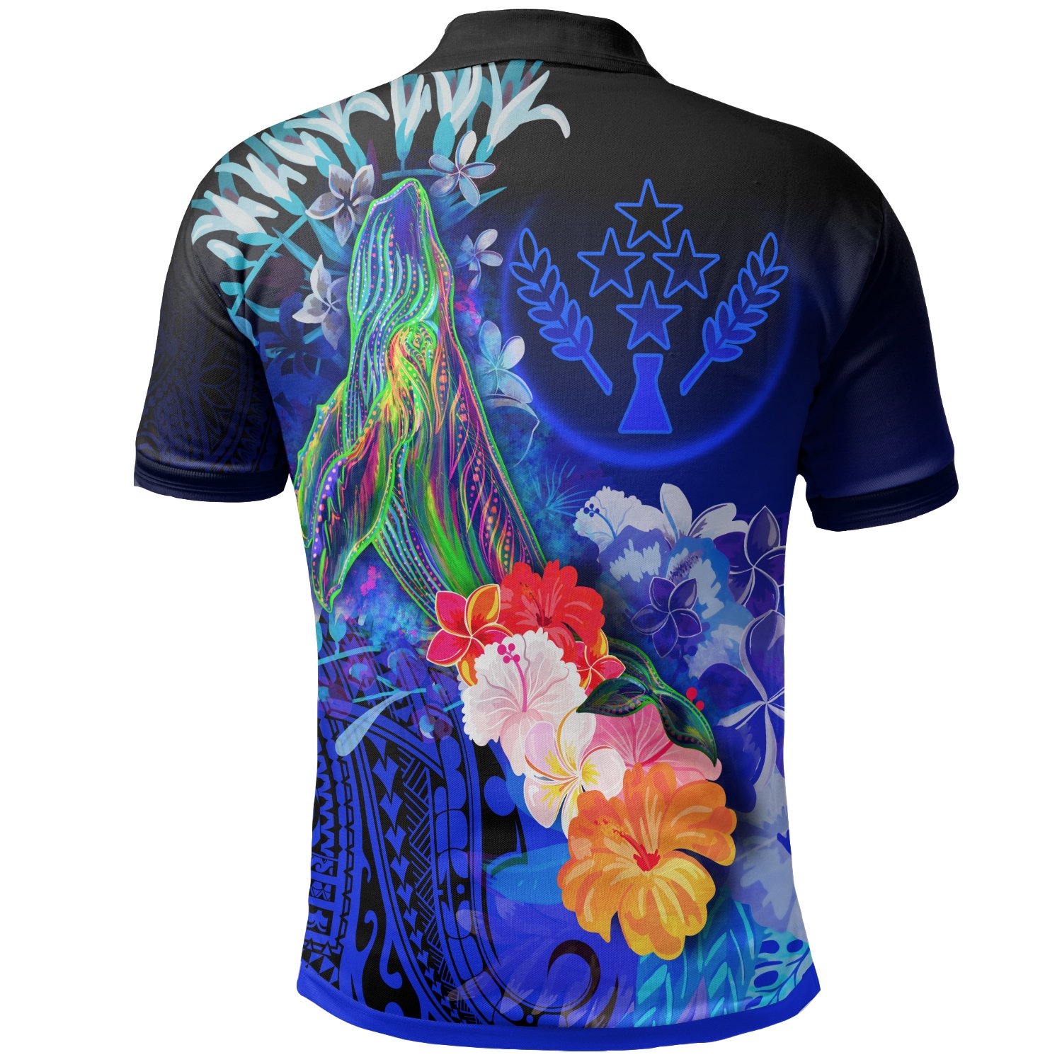 Kosrae Polo Shirt – Humpback Whale with Tropical Flowers (Blue) – BN18