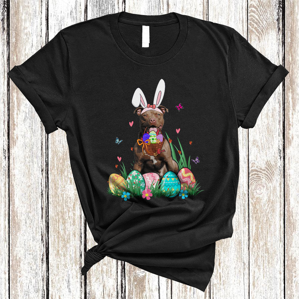 Bunny Pit Bull With Easter Egg Basket Funny Easter Day Flower Egg Hunt Dog Lover Gifts T-Shirt