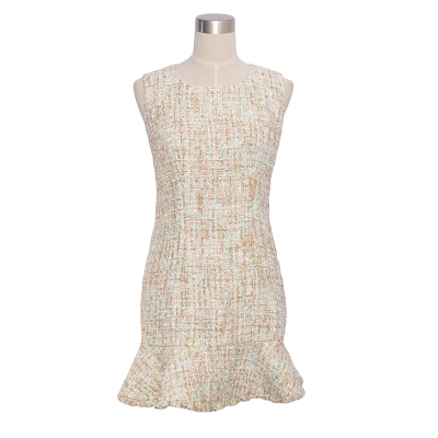 Apricot color tweed dress spring / autumn women’s dresses fresh knitted sleeveless ladies fish tail one-piece dress alx