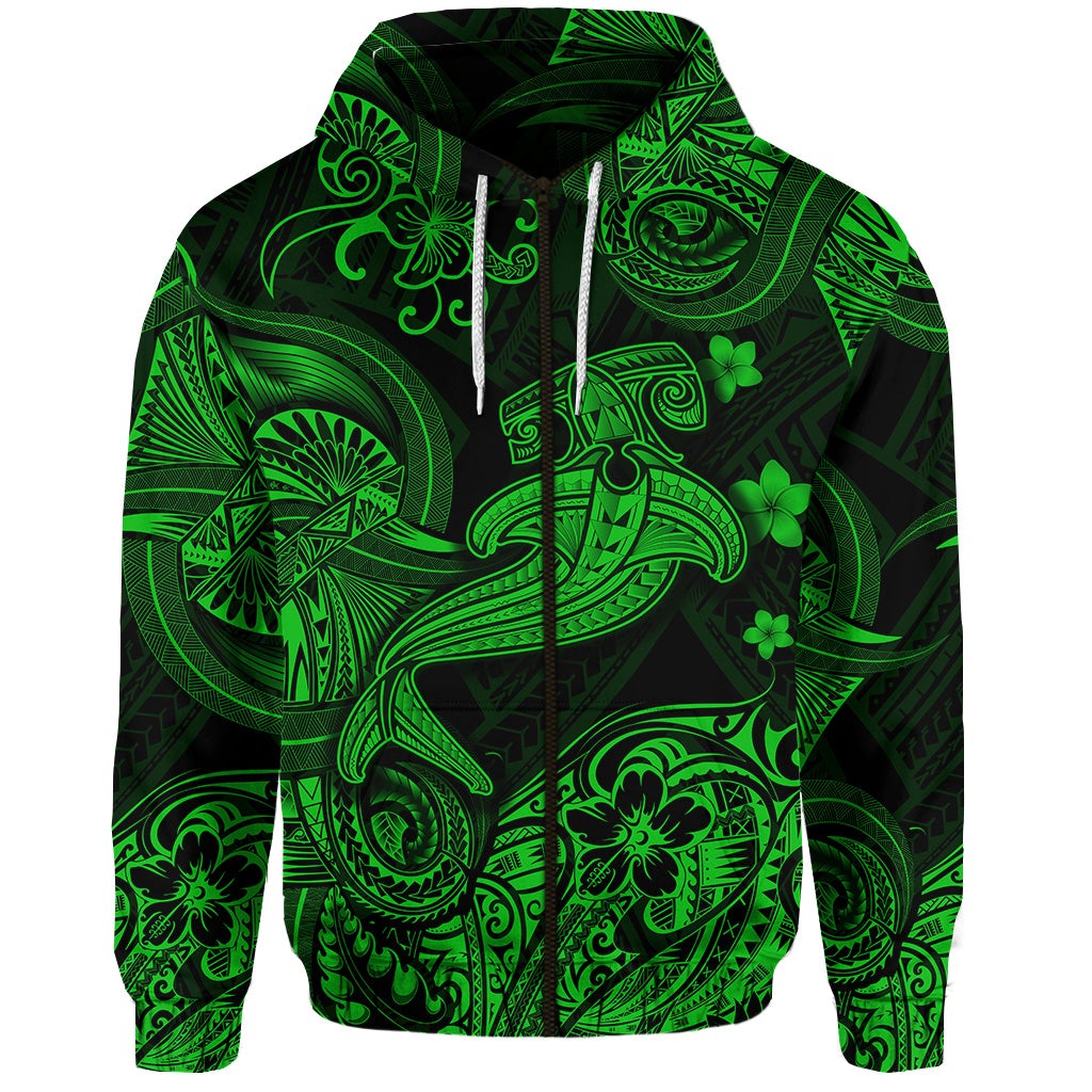 (Custom Personalised) Hawaii Hammer Shark Polynesian Zip Hoodie Unique Style – Green Lt8