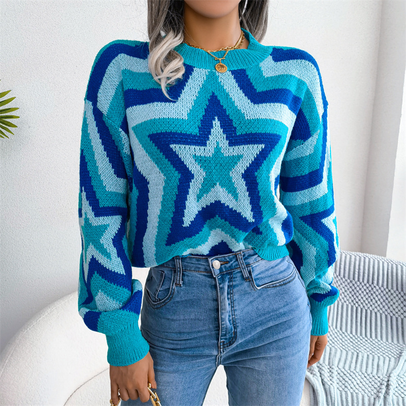 Autumn Winter Warm Sweaters Women Star Print Contrast Color Crew Neck Long Sleeve Loose Knitting Pullovers Tops 3 Colors alx