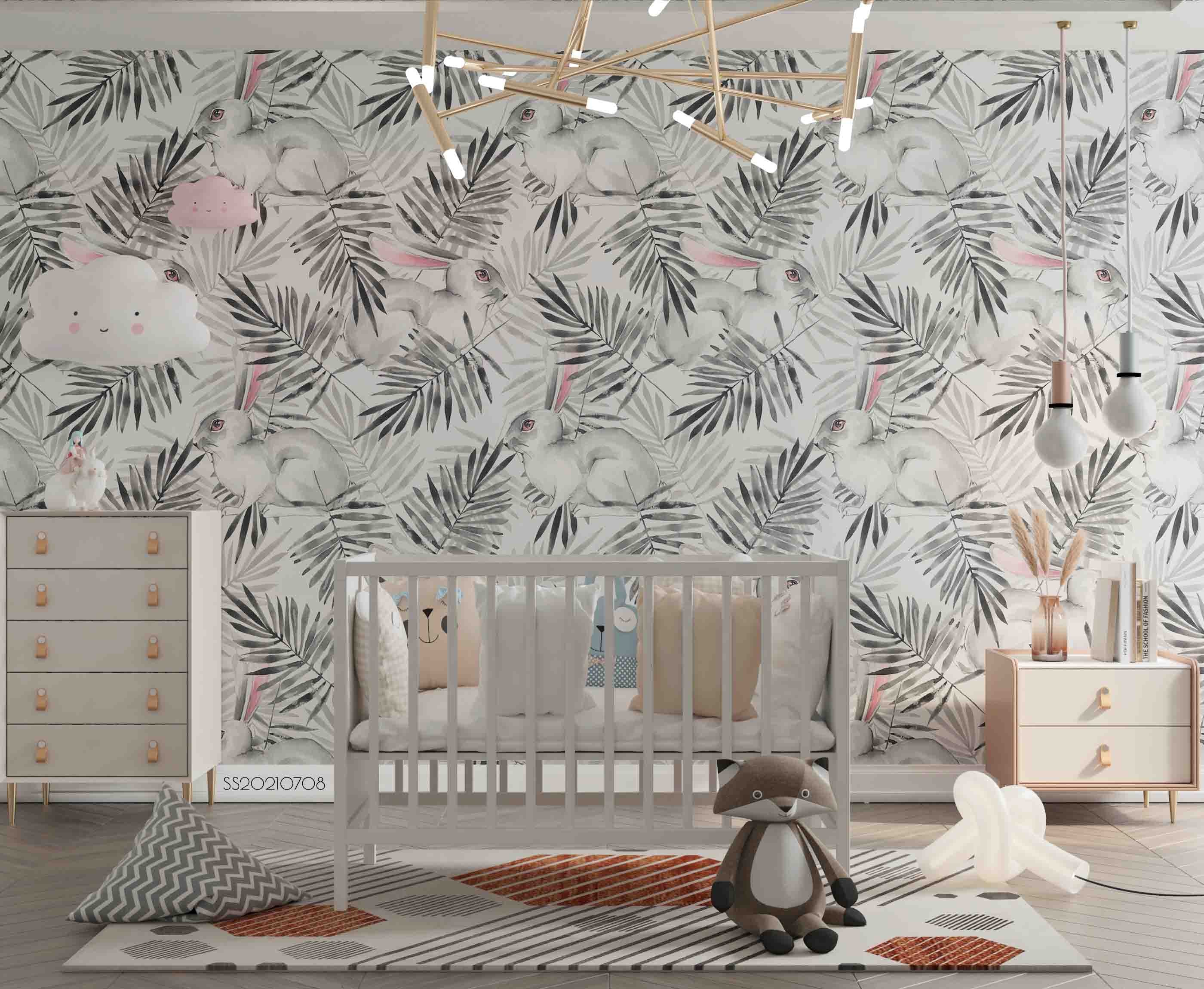 3D Hand Drawn Rabbit Leaf Wall Mural Wallpaper Lqh 42