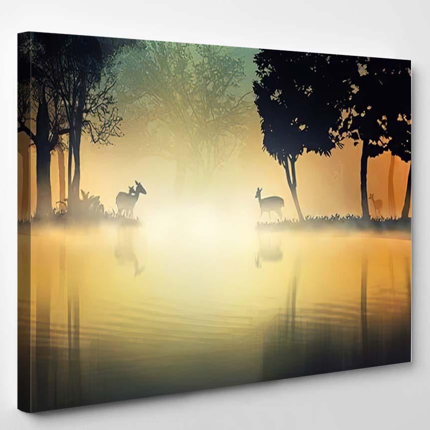 3D Illustration Deers Fantasy Forest Lakeside – Deer Animals Canvas Print