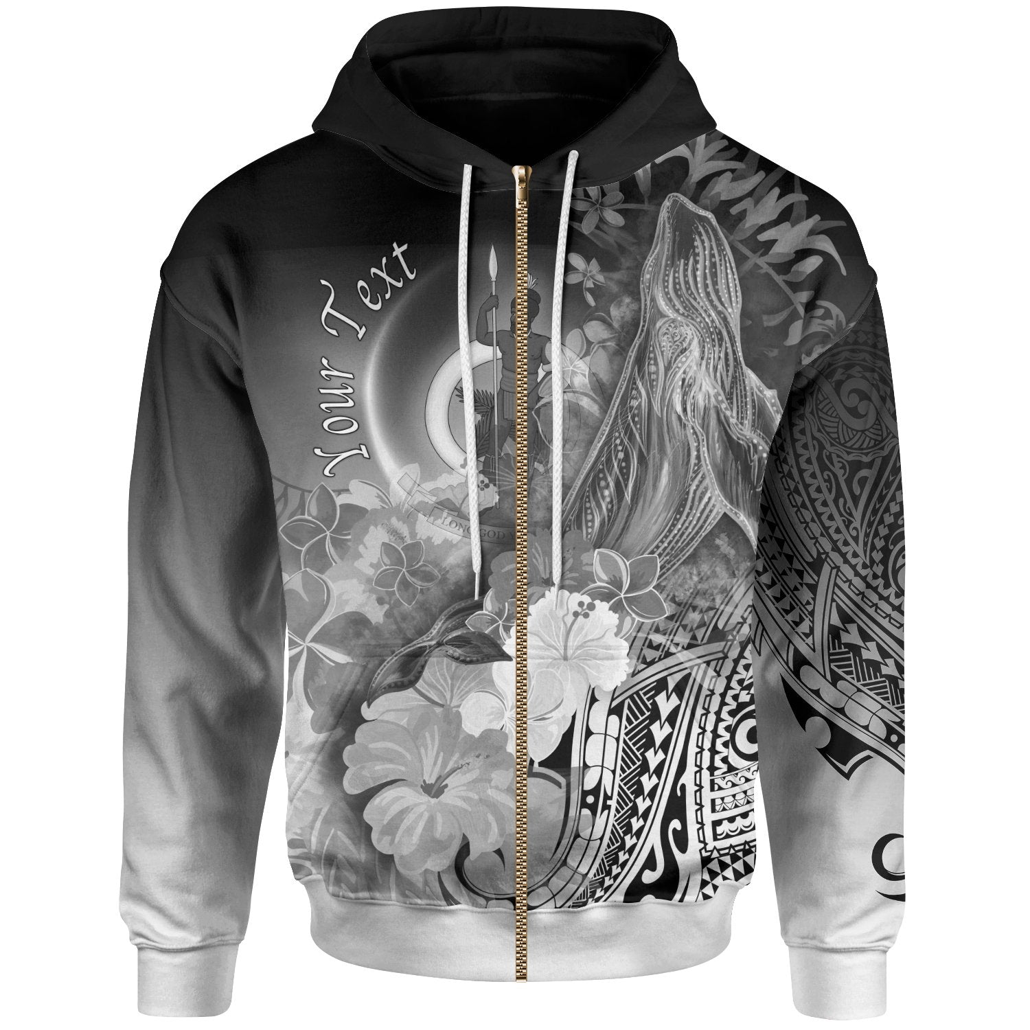 Vanuatu Custom Personalised Hoodie Zip-Up – Humpback Whale With Tropical Flowers (White)