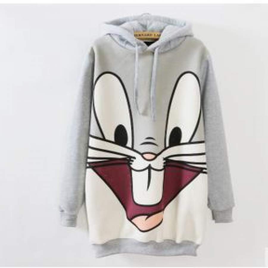 Korea Cartoon Bugs Bunny Rabbit Grey Long Hooded Fleece Sweatshirt Womens Winter Print Gray Hoodie Patchwork Casual Wear Plus Size