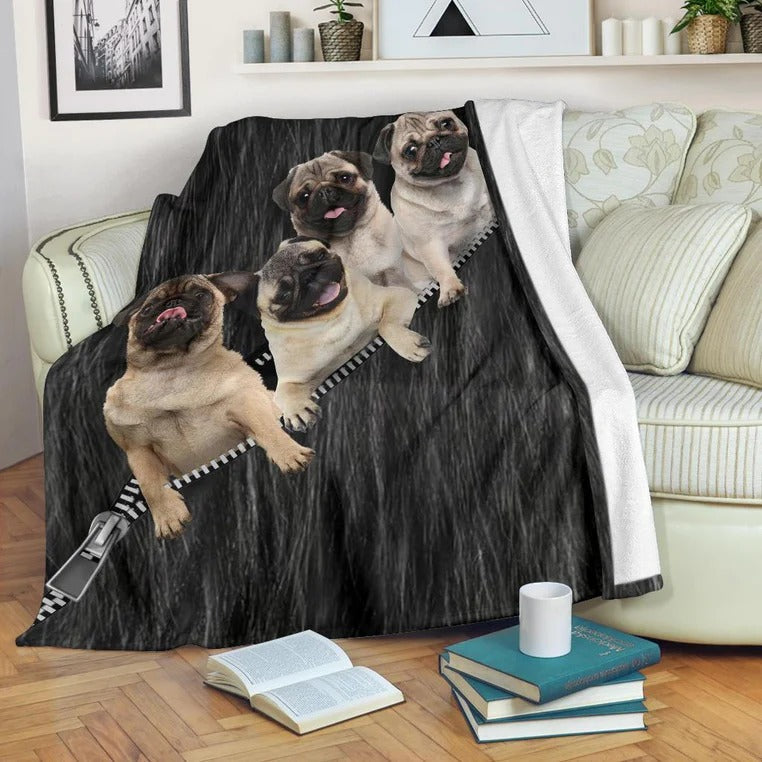 Pug Blanket, Funny Pug Zipper, Dog Lovers Throw Soft Warm Blanket