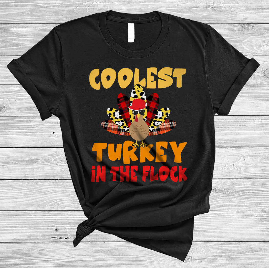 Coolest Turkey In The Flock Funny Thanksgiving Leopard Red Orange Plaid Turkey Lover Gifts T-Shirt