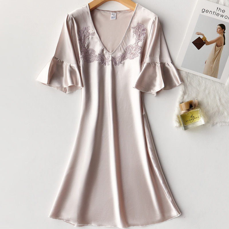 Summer New Silky Satin Women Nightgown Sleepwear Casual Night Dress New Arrival Shirt Sexy Nightshirt Female Sexy Home Dress alx