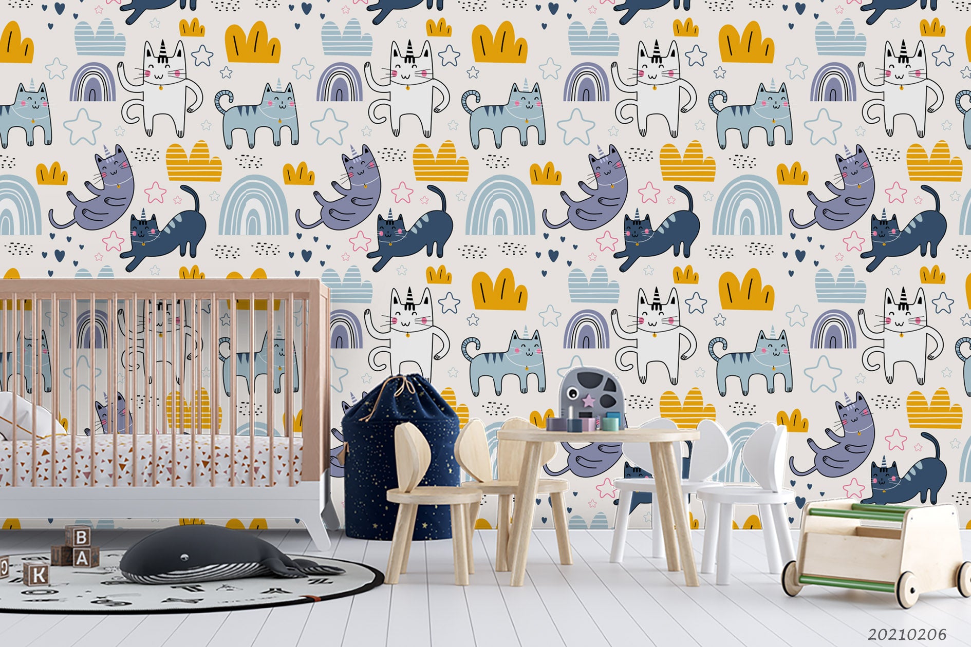 3D Cartoon Animal Cat Rainbow Wall Mural Wallpaper Lqh 327