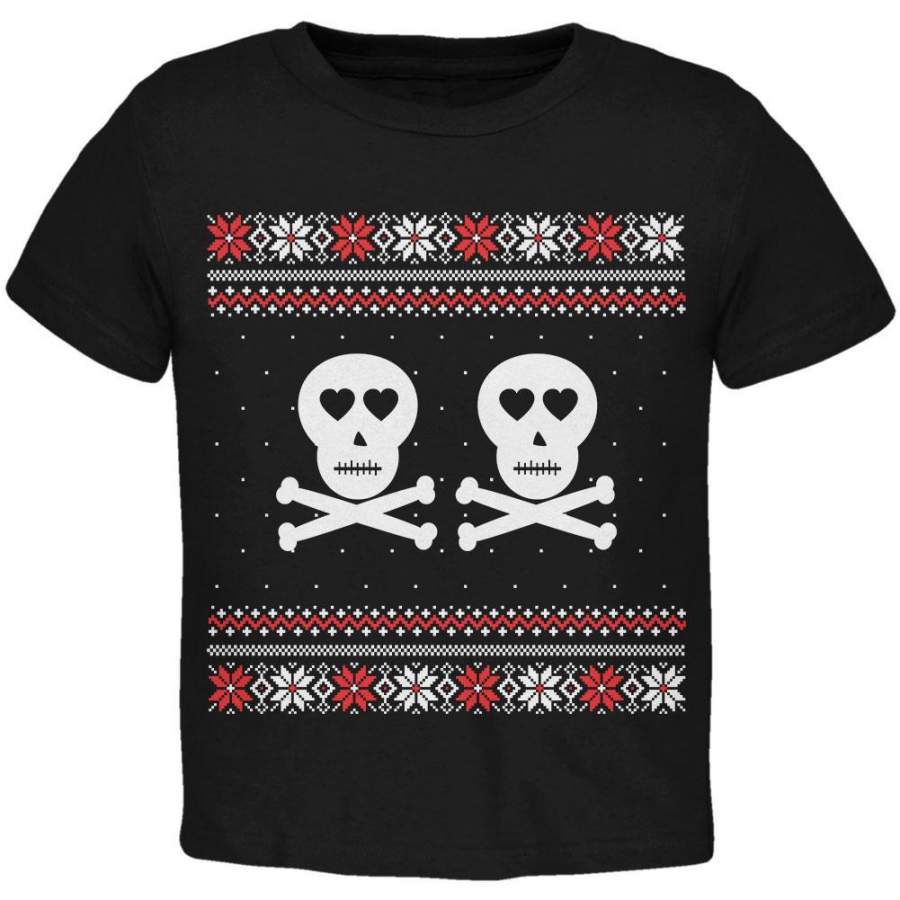 Skull and Crossbones Lovers Ugly Christmas Sweater Black Toddler T-Shirt