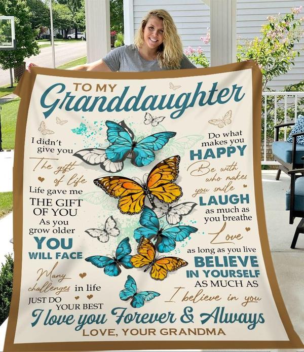 To My Granddaughter Fleece Blanket, Personalized Birthday Gift For Granddaughter From Grandma Blanket, Butterfly Blanket