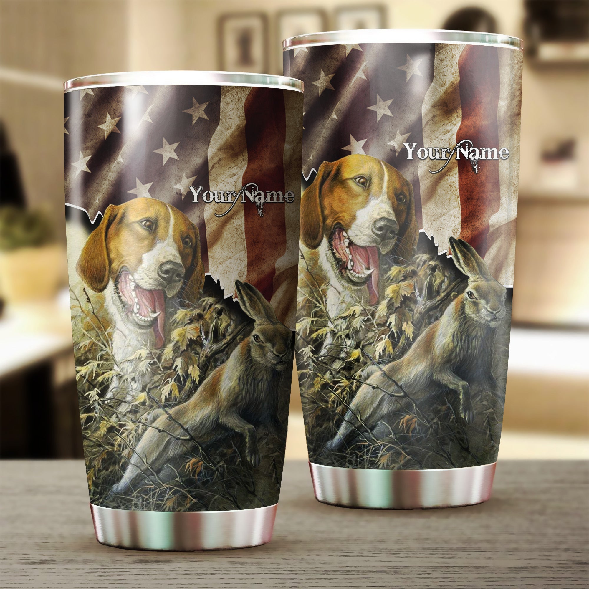 Rabbit Hunting With Beagle American Flag Custom Name Stainless Steel Tumbler Cup – Personalized Hunting Gifts   Fsd1569