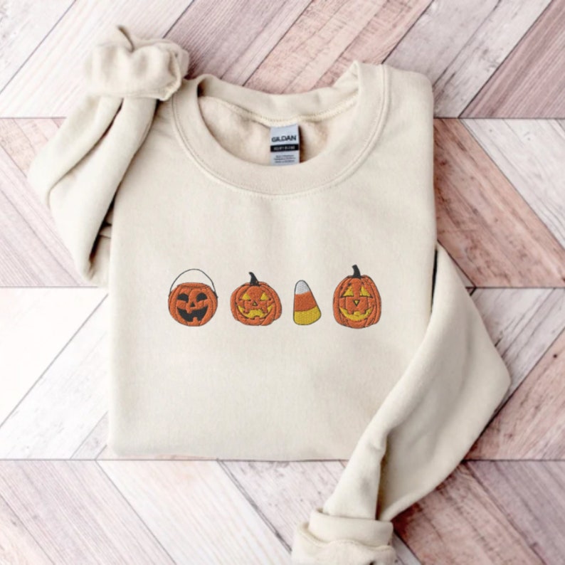 Candy Corn And Pumpkin Embroidered Halloween Sweatshirt Crewneck Sweatshirt All Over Print Sweatshirt For Women Sweatshirt For Men Sws2610