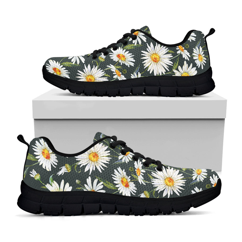 Watercolor Daisy Flower Pattern Print Black Sneakers