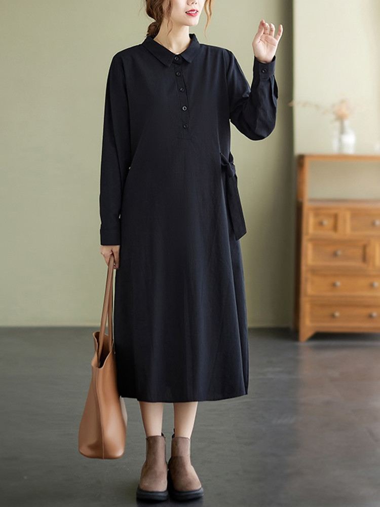 Anteef long sleeve oversized cotton linen vintage dresses for women casual loose Spring autumn dress elegant clothing 2022 alx