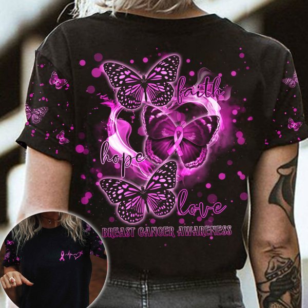 Faith Hope Love Breast Cancer Awareness Pink Ribbon Butterfly And Ribbon Heartbeat Breast Cancer 3D Clothes