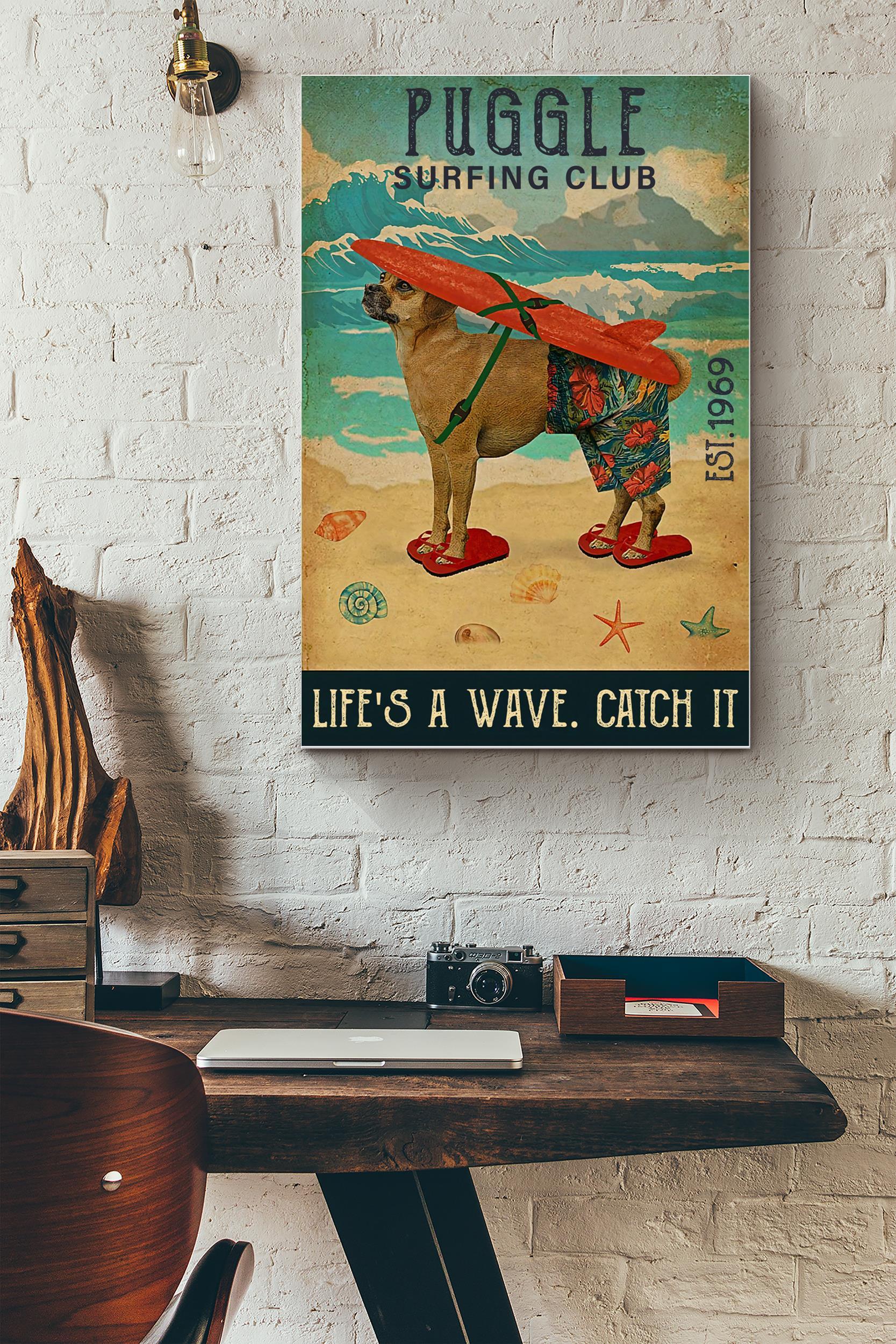 Puggle Surfing Club Poster – Animal Wall Art – Gift For Dog Lover, Swimmer, Home Decor, Dog Foster, Puppy Fan (Unframed) Poster