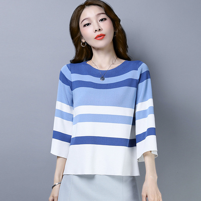 Women Spring Summer Loose Style Sweater Pullovers Lady Casual Three Quarter Sleeves O-Neck Contrast Color Striped Knitted Tops alx