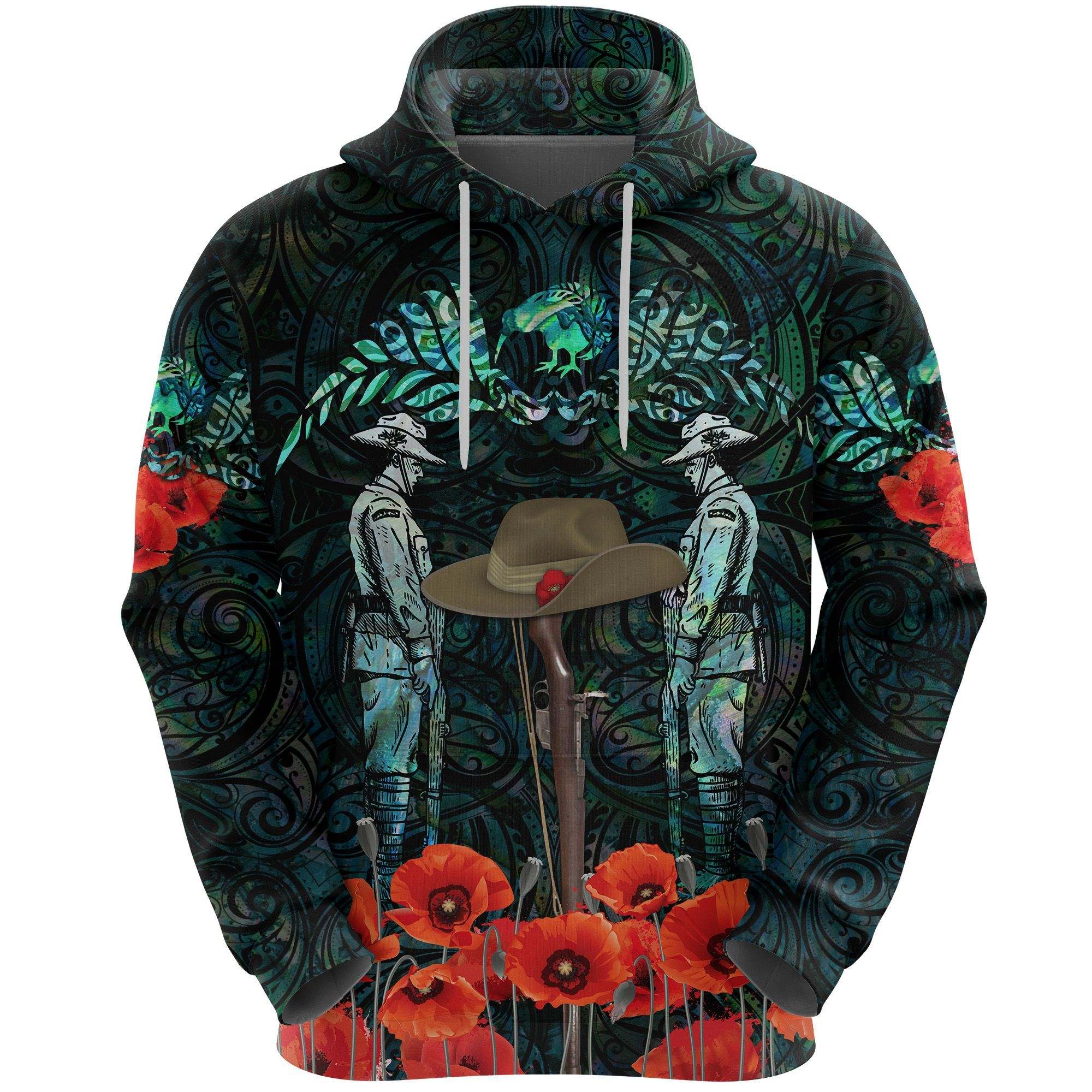 Anzac Day Lest We Forget Poppy Hoodie New Zealand Maori Vibes - Paua Shell K8