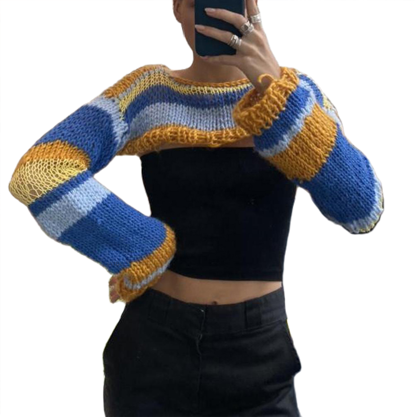 Y2K Knitted Long Sleeve Pullovers Crop Tops Striped Crochet See Through Sweaters Harajuku Vintage Streetwear Sweater alx