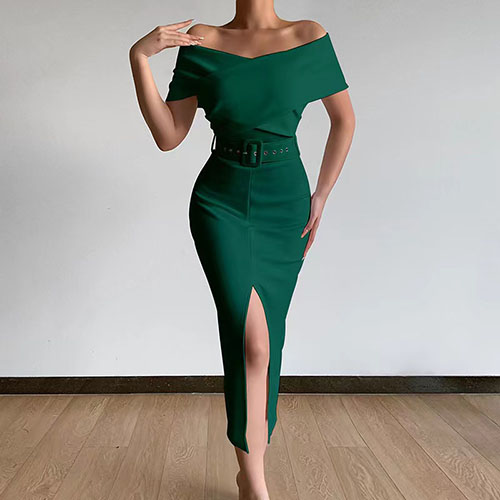 2022 Summer New Women’s Bandage Tight Party Dress Fashion Elegant Retro Off The Shoulder Mid Length Slit Dress alx