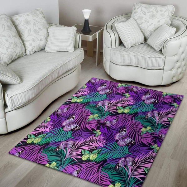 Neon Purple Tropical Palm Tree Butterfly Print Area Rug