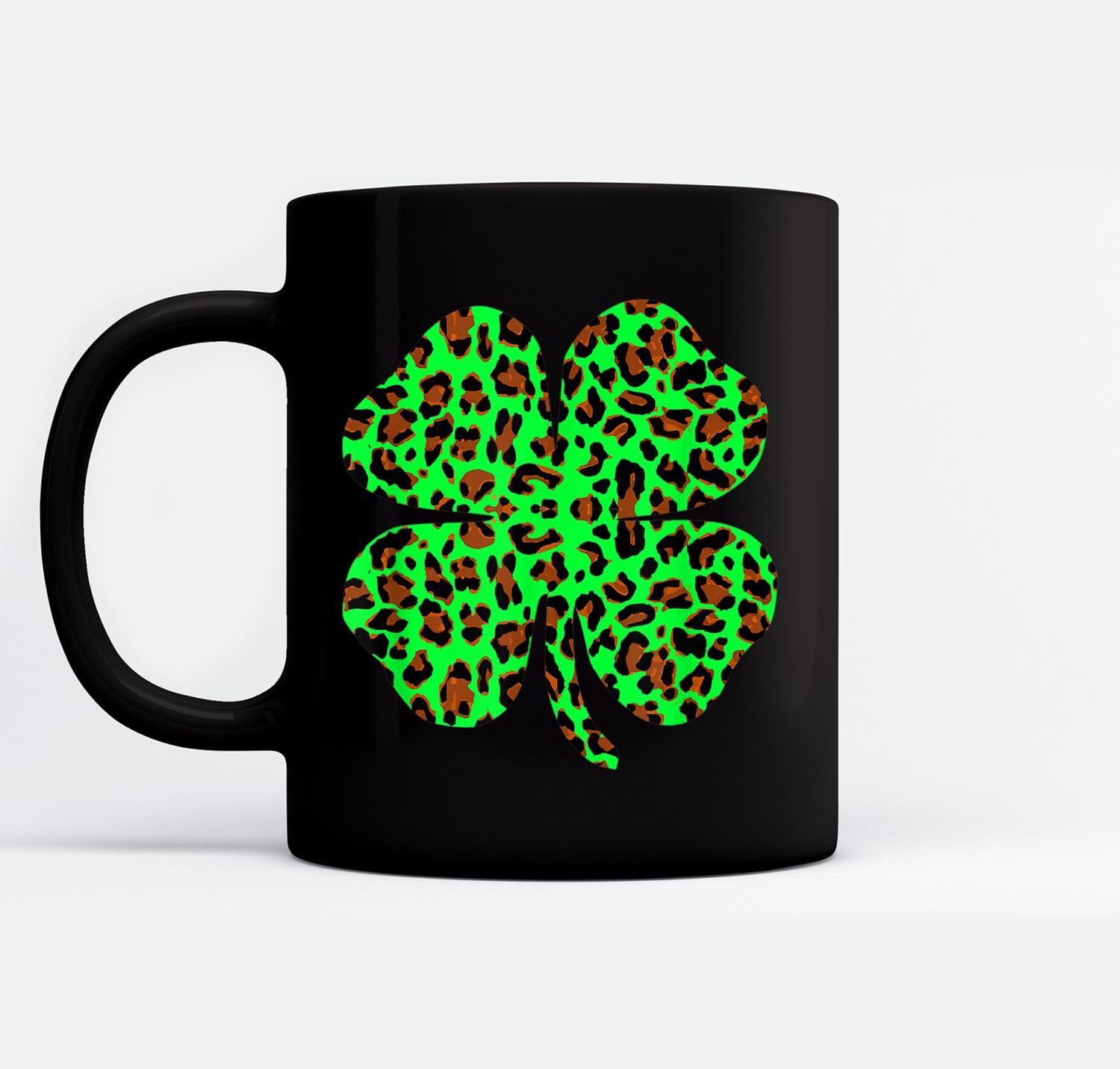 Green Leopard Print Four Leaf Clover St. Patrick’s Day Black Mugs