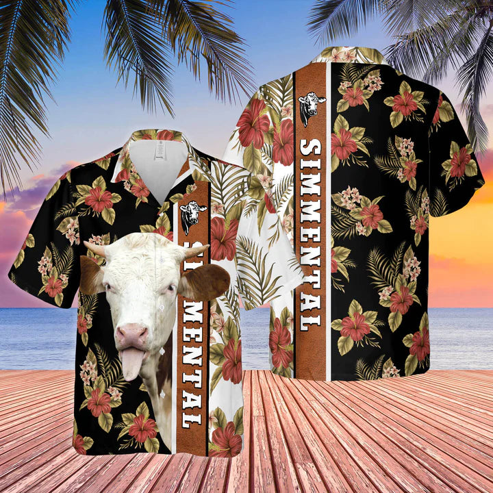 Hibiscus Flowers Simmental Cattle Brown All Over Printed Hawaii Shirt Ha54707