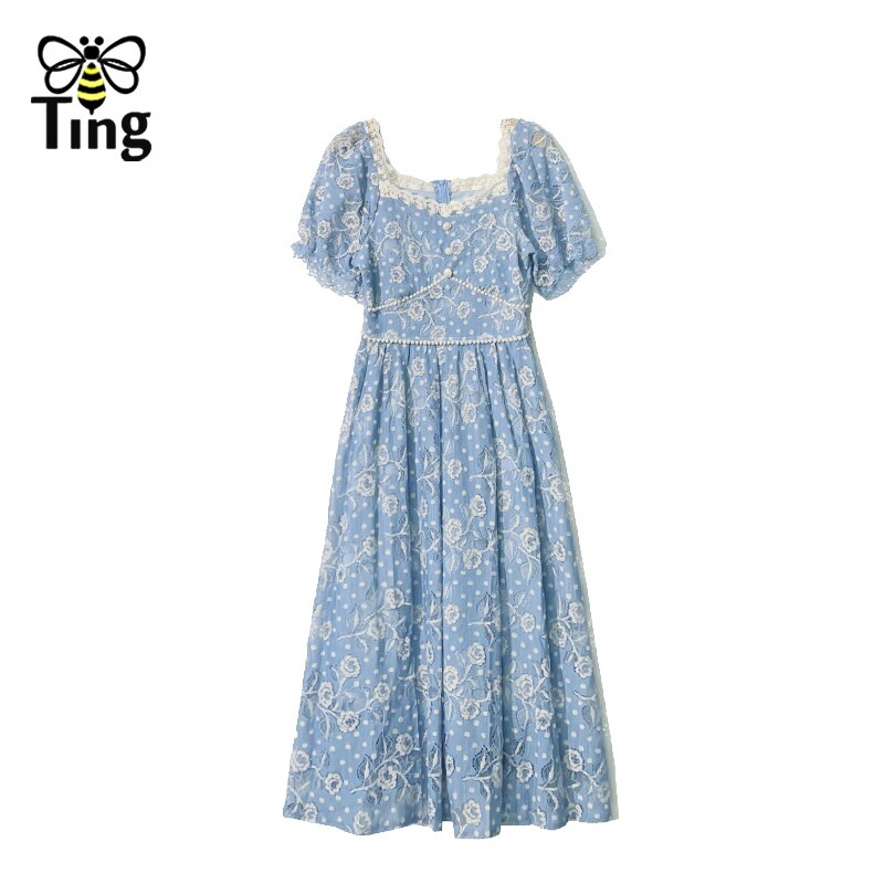 Tingfly Vintage Elegant Rose Flower Lace Blue A Line Dresses Lace Patchwork Beading Casual Dress Vestidos Robes Plus Size Traf alx