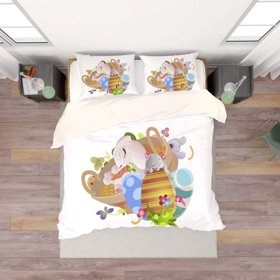 3D White Rabbit Basket Floral Eggs Quilt Cover Set Bedding Set Duvet Cover Pillowcases SF36