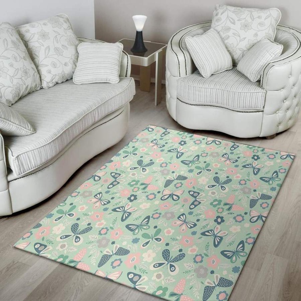 Floral Mint Butterfly Print Area Rug