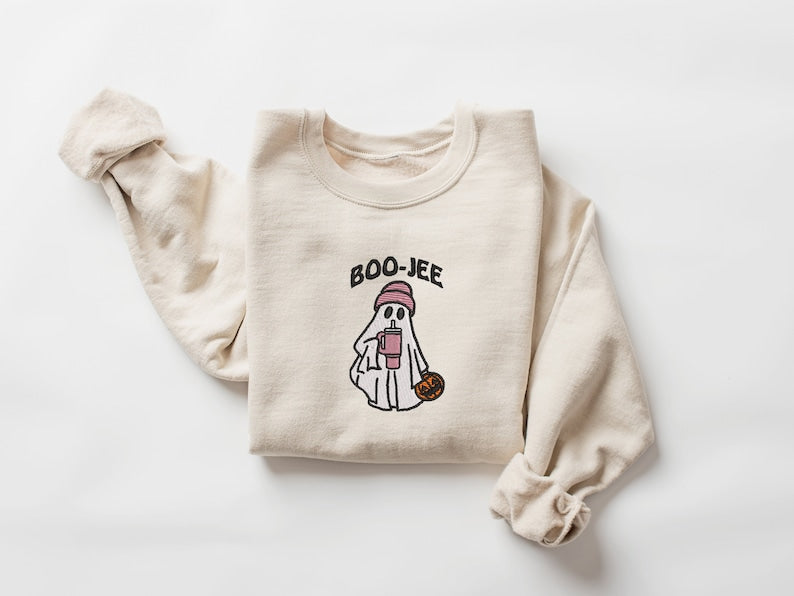 Embroidered Ghost Pink Halloween Crewneck Sweatshirt All Over Print Sweatshirt For Women Sweatshirt For Men Sws2573