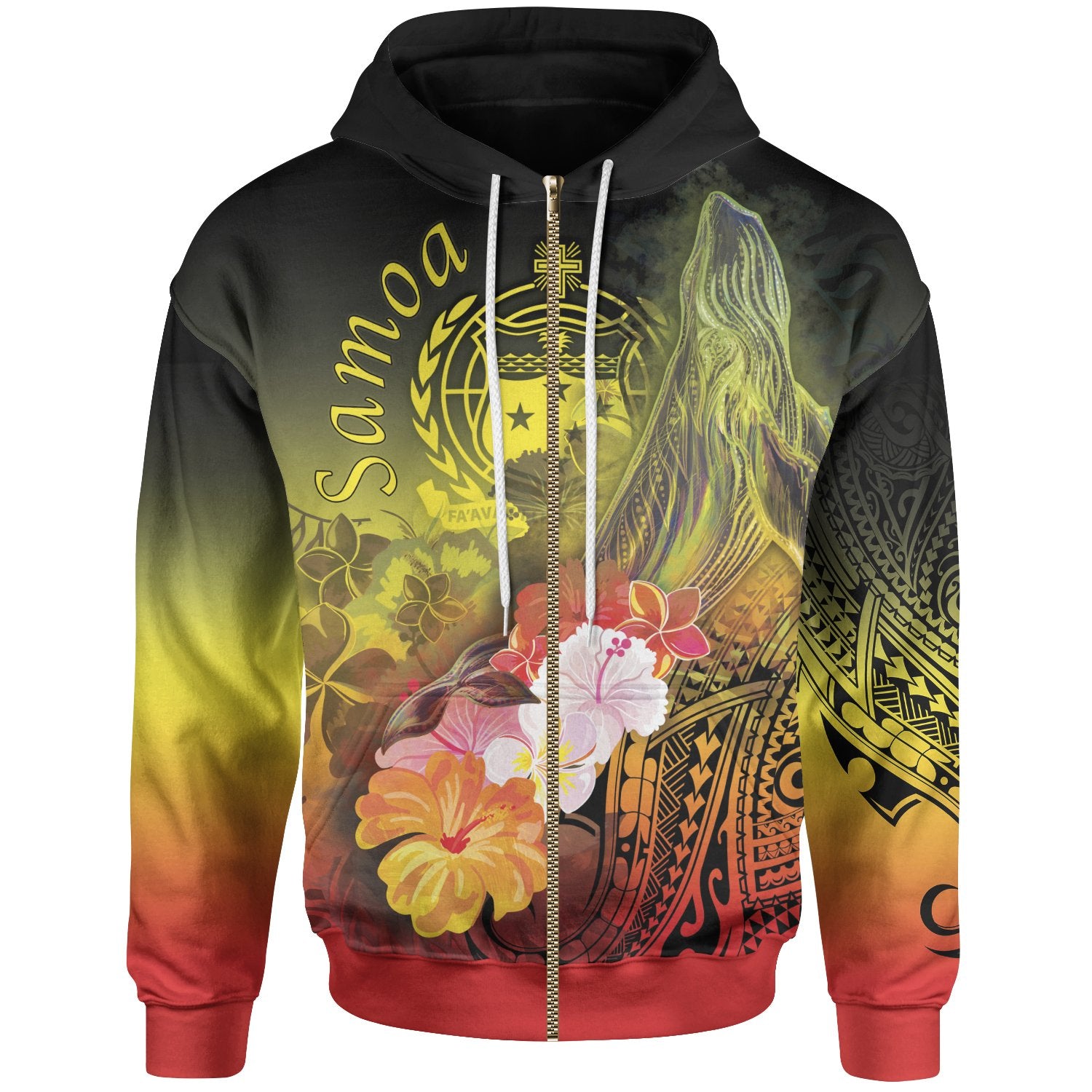 Samoa Zip-Up Hoodie- Humpback Whale With Tropical Flowers (Yellow)