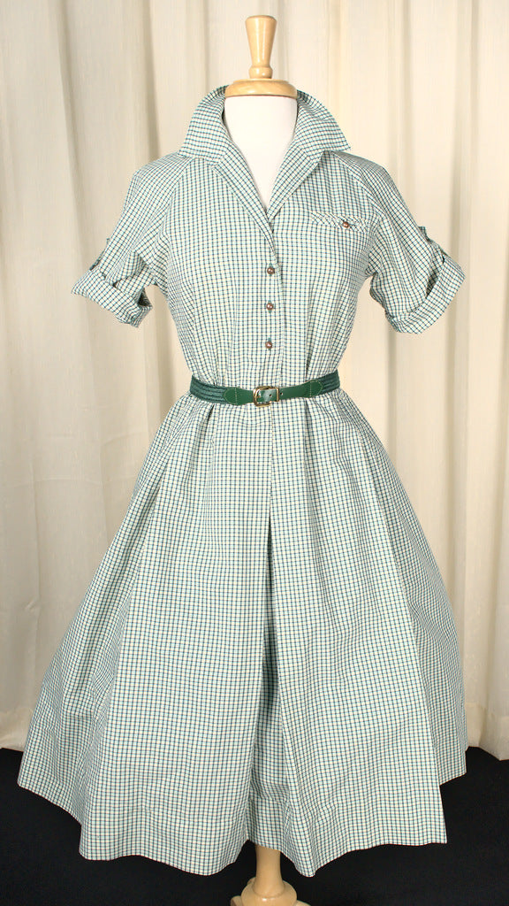 1960s Green Plaid Vintage Shirt Dress