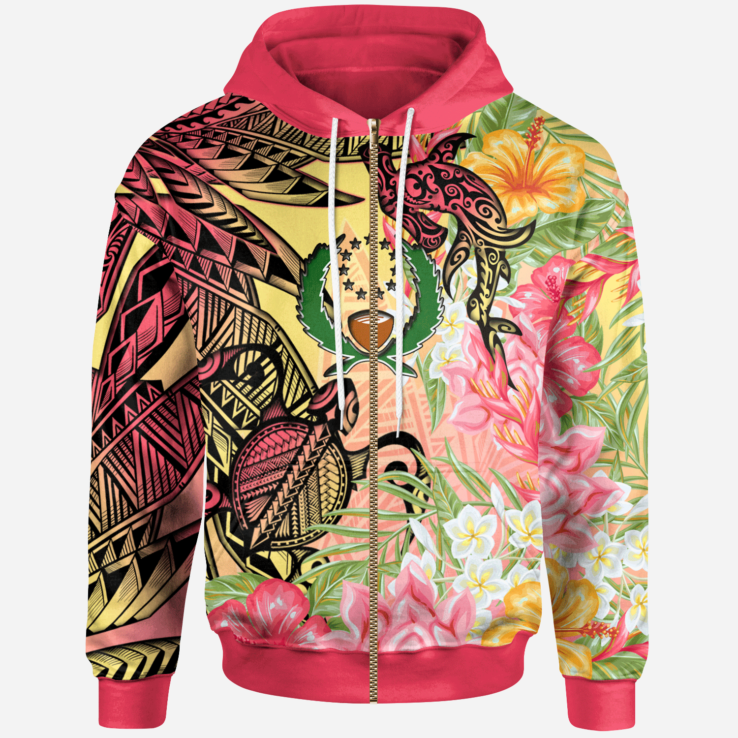 Pohnpei State Zip Hoodie – Flowers Tropical With Sea Animals- Pacific Print Hoodie